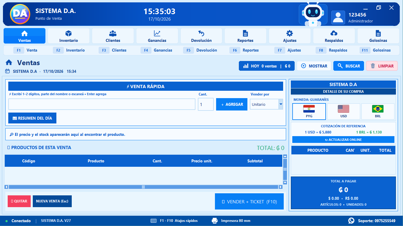 Pantalla de Ventas de Sistema D.A.